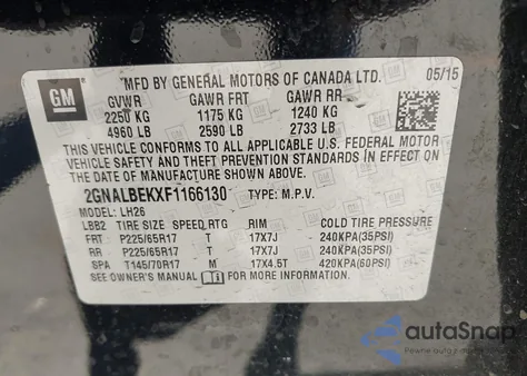 2015 Chevrolet Equinox 1Lt из США, поврежденный, VIN 2GNALBEKXF1166130